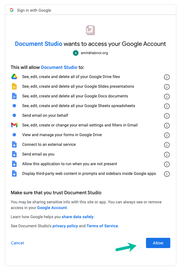 Document Studio Permissions Screen