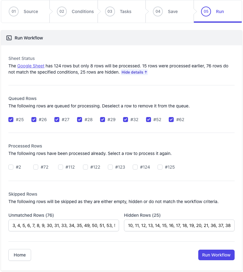 Run Workflow - Select Rows in Google Sheets