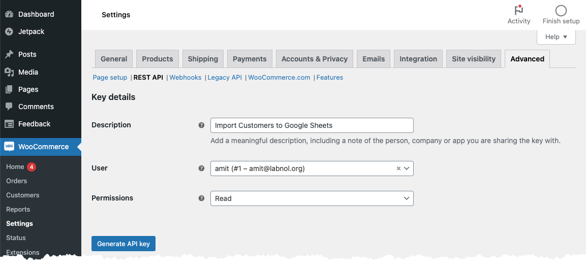 WooCommerce API Key Permissions