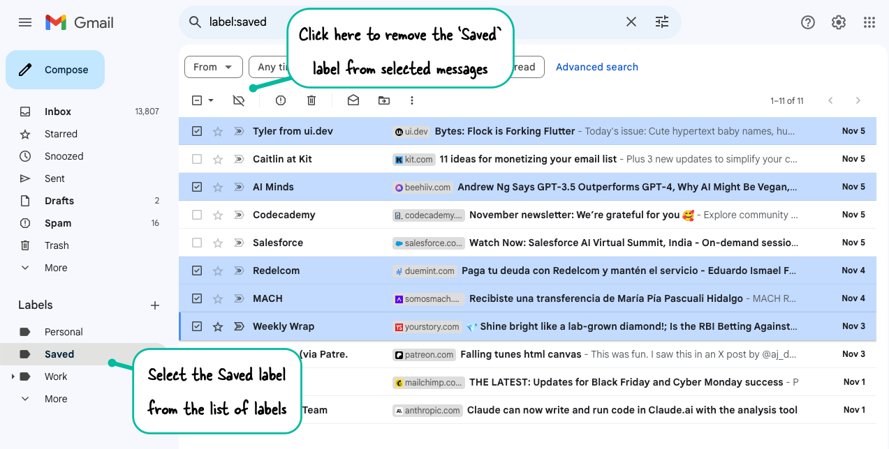 Remove the SAVED label from Gmail