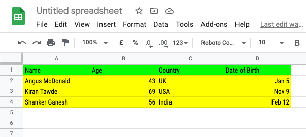 Manual Data List in Google Sheets