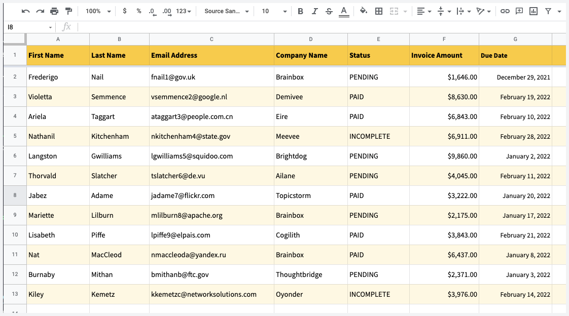 Google Sheets - Due Invoices