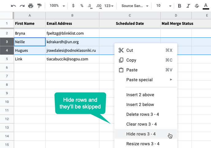 Hide rows in Google Sheet