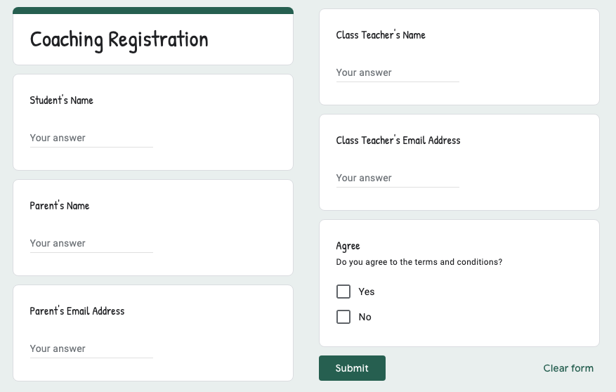 Google Form - Student Coaching Registration