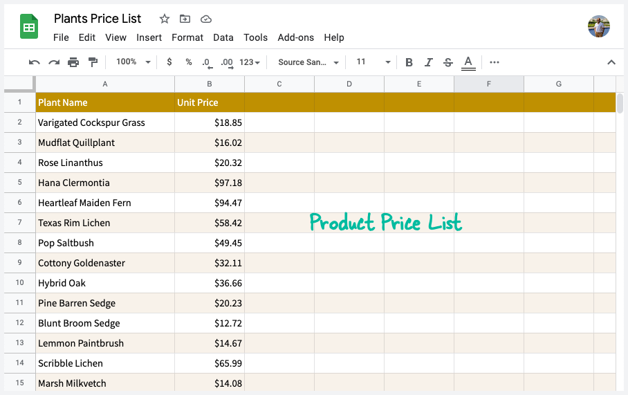 Product Prices in Google Sheets