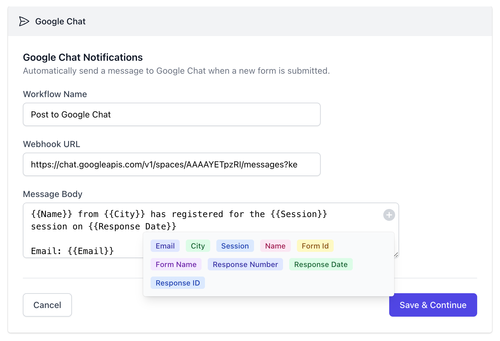 Connect Google Chat with Form