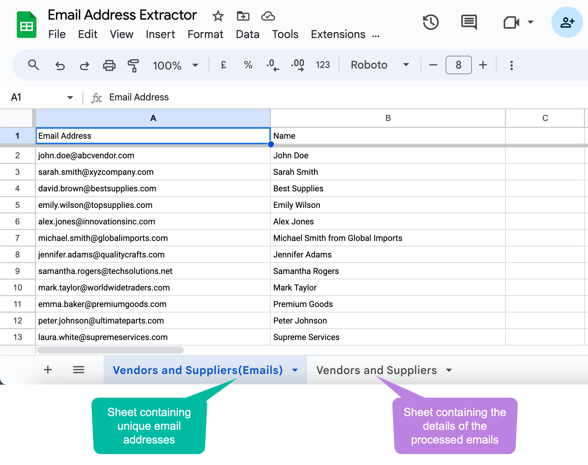 Emails extracted in Google Sheets