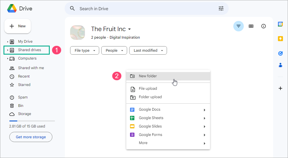 Create a folder in Google Shared Drive