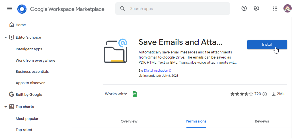 Install Google Save Emails Add-on