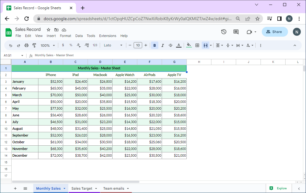 Monthly Sales - Google Spreadsheet