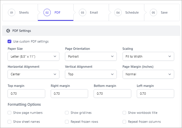 PDF Settings in  Google Sheets