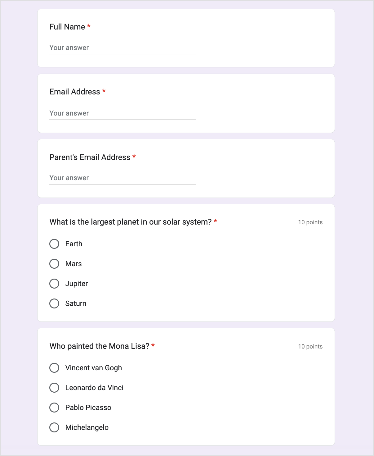 Prepare Google Form Quiz