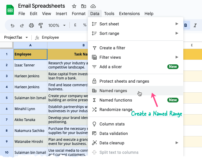 Named Ranges in Google Sheets